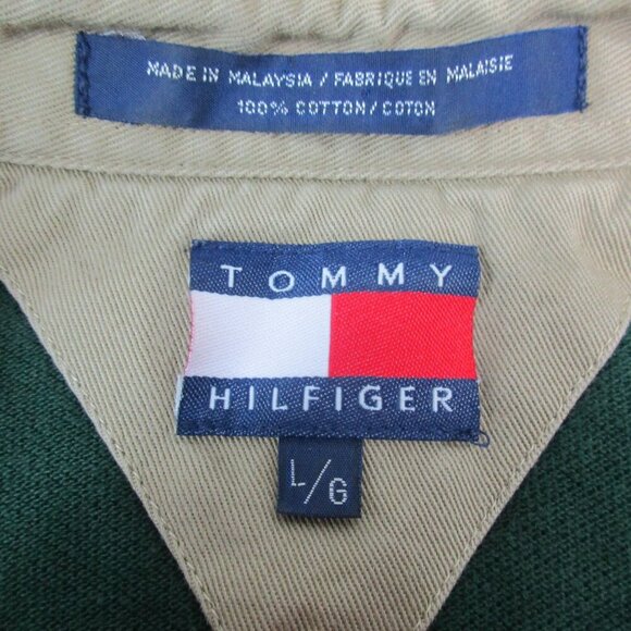 Tommy Hilfiger Polo Shirt Mens Large Green Stripe Golf Performance High Low Slit - Picture 3 of 8